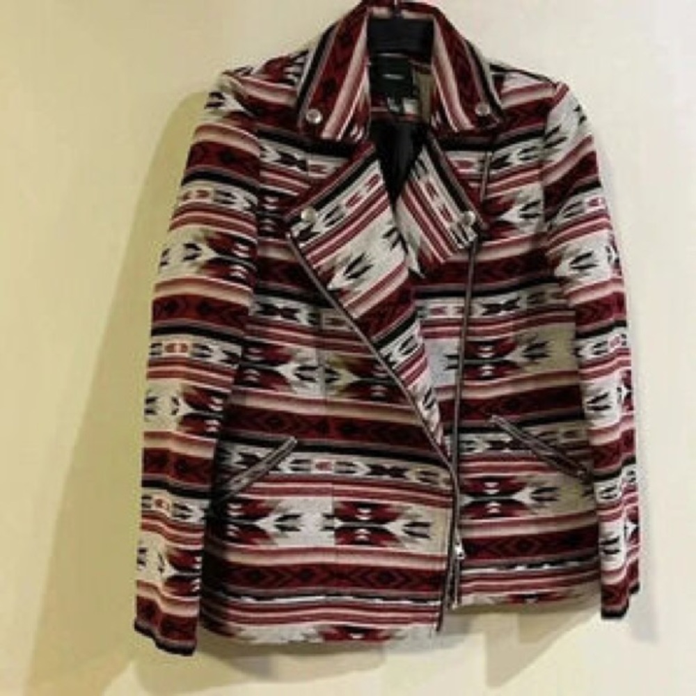 Women’s Red Patterned Zip Moto Jacket